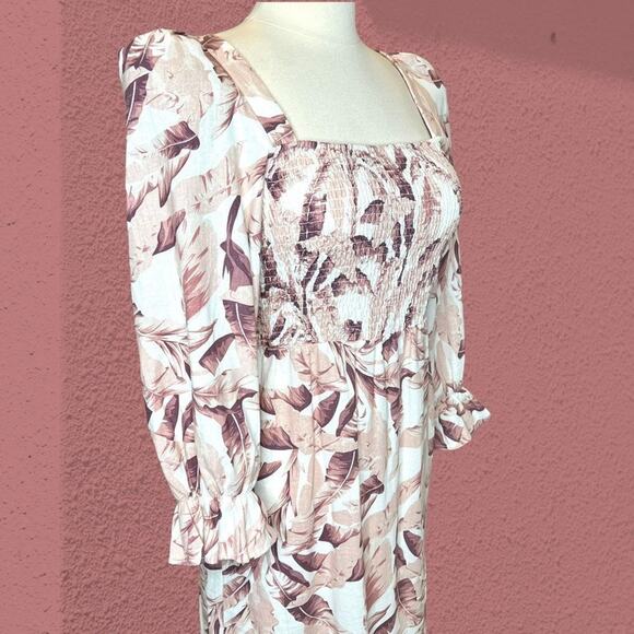 NWT House of Harlow 1960 Palm Leaf Linen Smocked Midi Dress L Cottagecore Boho - Picture 5 of 16